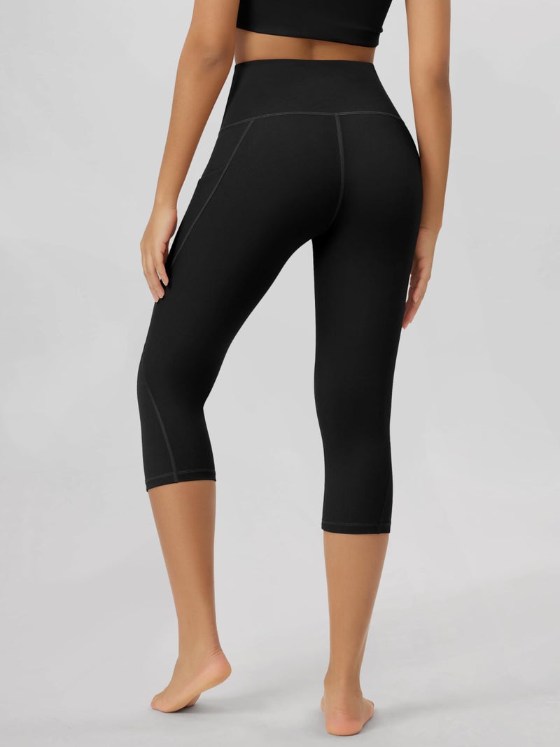 ODODOS Women's High Waisted Yoga Capris with Pockets,Tummy Control Non See Through Workout Sports Running Capri Leggings, Black,X-Large - Image 3